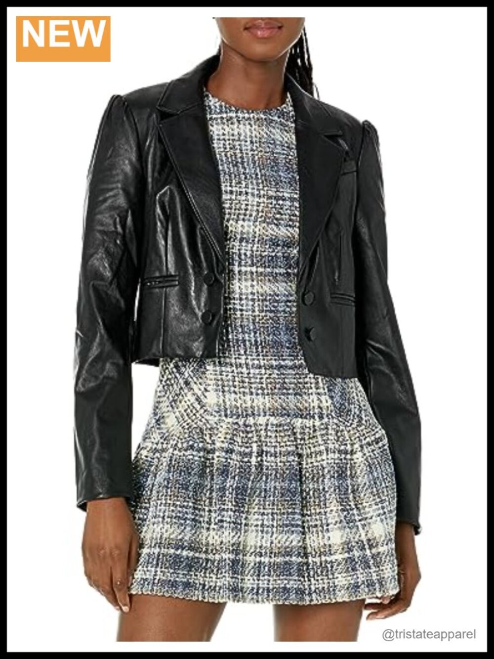 Cropped Faux Leather Blazer - Notch Collar Button Front